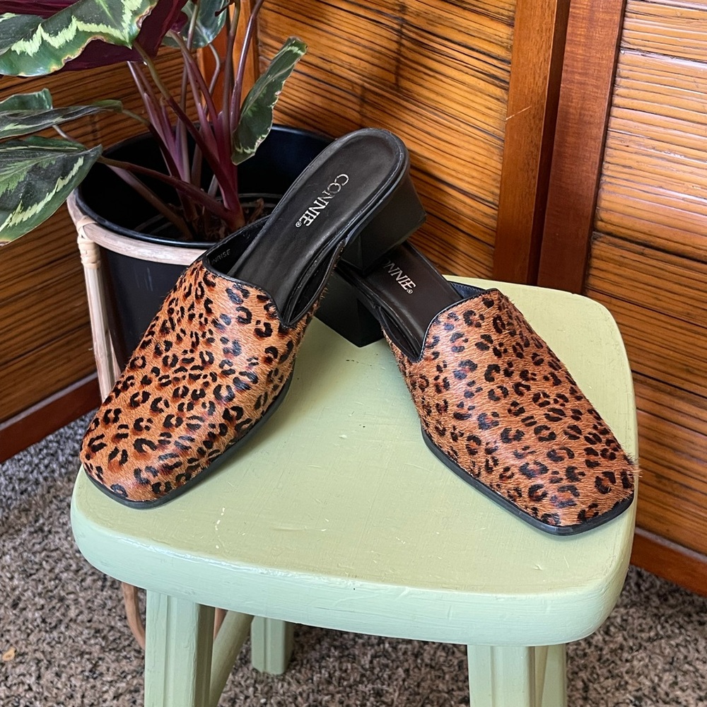 Connie Women's Leather Leopard Print Block Heel Mules Shoes